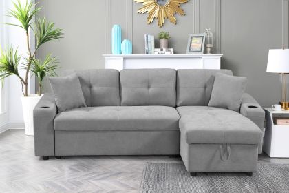 Gray, Convertible corner sectional sofa with armrest, storage, chaise, and Cup Holders