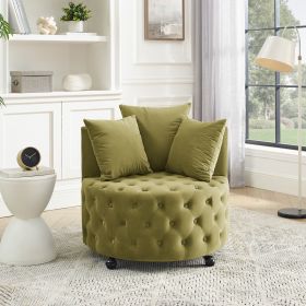 Green Velvet Upholstered Swivel Chair with Button Tufted Design and Movable Wheels