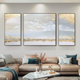 Hand Painted Abstract Gold Foil Golden Sky Landscape Canvas Oil Painting (size: 40X80cmX2P+80X80cm)