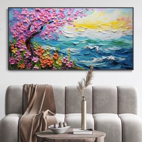 Hand Painted Pink Tree, Colorful Flower, Blue Ocean Canvas Art (Style: 1, size: 75x150cm)