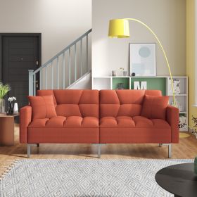 Linen Upholstered Modern Convertible Folding Futon Sofa Bed (Color: Orange)